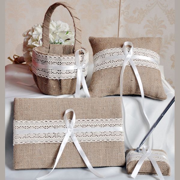 4pcs/Set Toping Caffice Linen Wedding Event Event Supply Supply Cring Pillow + Цветочная корзина + гостевая книга + наборы ручек невесты аксессуары