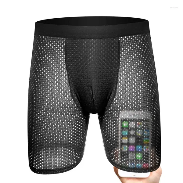 Underpants Mens Long Boxer Long Ice Silk Mesh Undwear Bulge Case Sexy Bulge Boxershorts Sort SortS Phorts Plus Times L-4xl