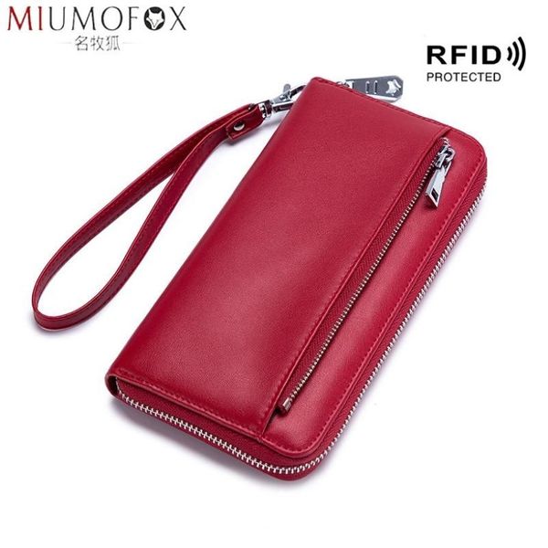 Brieftaschen Frauen Brieftasche Handgelenksgurt Frauen 2021 RFID -Geldbörse Damen echte Lederdesigner Clutches Portfel Damski Pass Ba291e