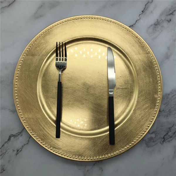 Jantar de atacado 13 polegadas de plástico de plástico dourado com pratos de carregador elegante pérola pérola salada decorativa casamento salvador de natal