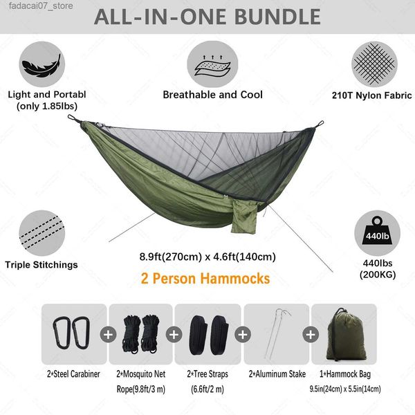 Hammocks Camping de 2 pessoas equipado com redes de mosquito Nets naturais para caminhada Ultra Light Equipment Adult Outdoor Garden Furniture Hangersq