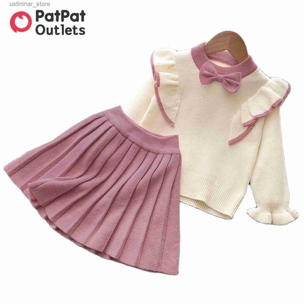 Mädchenkleider 2pcs Rockkleider Kinder Kleidung Mädchen Kleinkind Kinder Bowknot geflogenes gestricktes Oberteil und Plissee Set Party Kleid L47