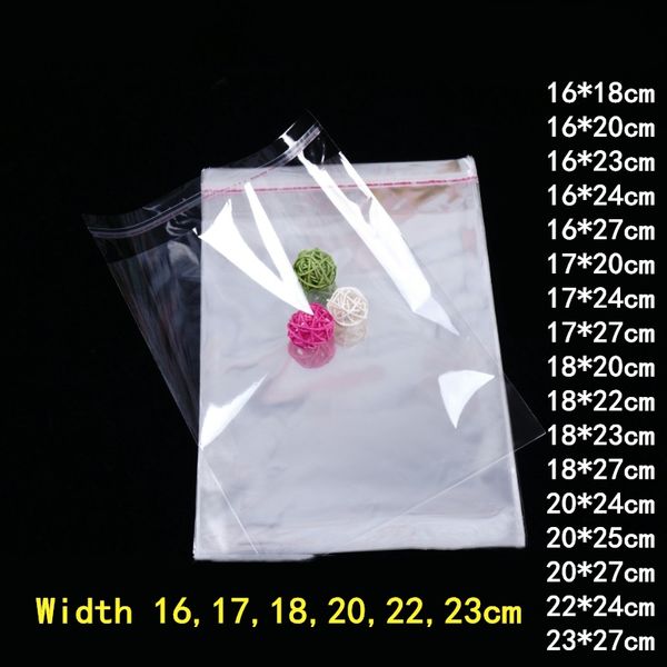 100pcs 16/17/18/20/20/22/23 cm Plastik Plastik transparente Taschen Opp -Beutel Kleidung Packung Spielzeug Geschenktasche Mehrfachgröße Selbstkleber