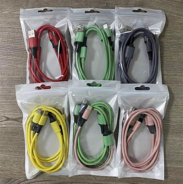 3 in 1 in 1 USB Tipo C Telefono di carica del telefono Cavo liquido Silicone di ricarica universale Cavo 1,2 m per iPhone 14 Xiaomi Huawei Mate 40 con pacchetto PP