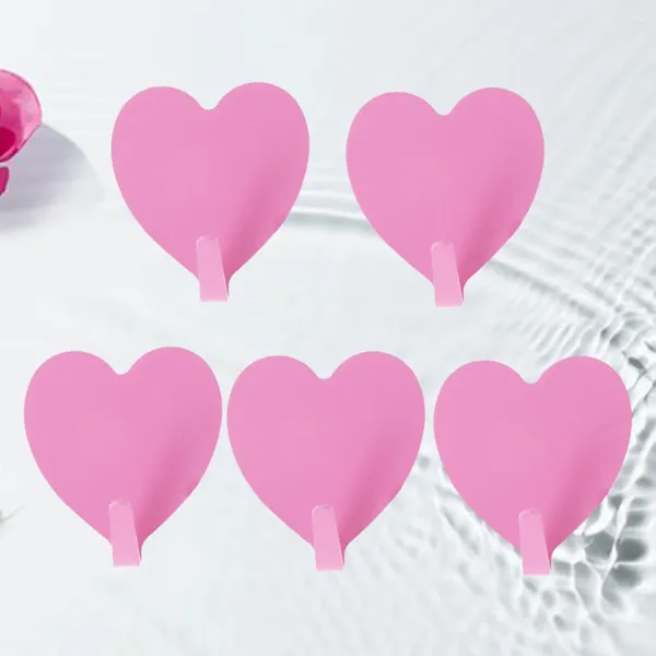 Крюки 5 шт. Форма сердца сердца бесшовная липкая крючка из нержавеющей стали, установленная на стену шляпу для домашнего офиса (розовый)