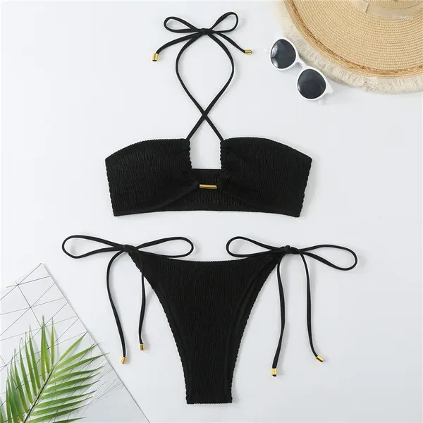 Costumi da bagno femminile Black String Bikini 2024 Biquini Biquini imbottito costume da bagno per inframobilità da bagno da bagno Bandeau Bandeau Baming Abitaggio femminile Halter Monokini