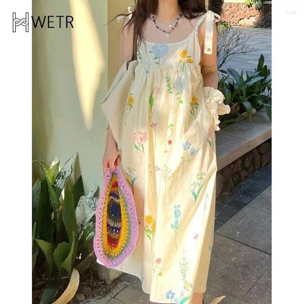 Abiti casual Donne Summer A-Line Midi Lace-Up Floral Spaghetti Vacaci di vacanza Sweet Girls Corean Style