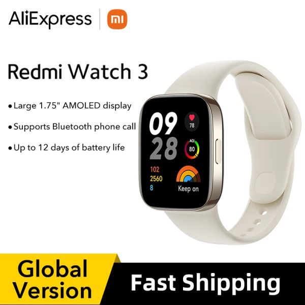 Relógios Versão Global Redmi Relógio 3 Smart Watch GPS 1,75 '' Tela AMOLED 60Hz Monitor de freqüência cardíaca de oxigênio sanguíneo 5ATM SOS Bluetooth Call