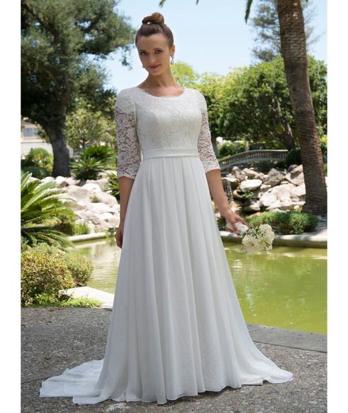 Abiti da sposa a spiaggia modesti in chiffon in pizzo informale con abiti da sposa da sposa a 34 maniche.