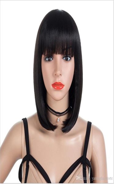 Wigs retas curtas Mulheres039s Bob estilo Full Head Wig Resistente ao calor Sintético Real grosso de cabelo preto grossa Wig5706341