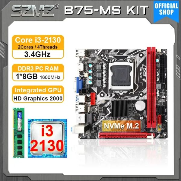 Placas -mãe SZMZ LGA 1155 Kit de placa -mãe ITX B75MS com processador Core i3 2130 e 8GB DDR3 Memória B75 Placa Mae Set Combo Combo