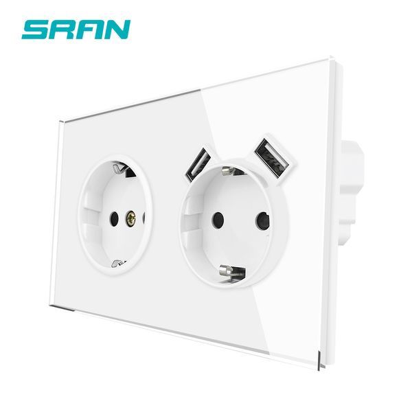 SRAN 153*82 mm de soquetes elétricos padrão da UE, 2,1a porta de parede USB de carregamento 16A Painel de vidro com espelho cheio de espelho completo branco 16A