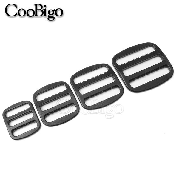 10pcs Dual Ajuste Tri-Glide Slider Licder Lock Buckle Webbing Fixador para mochila Acessório de cinta plástico preto 15-32mm