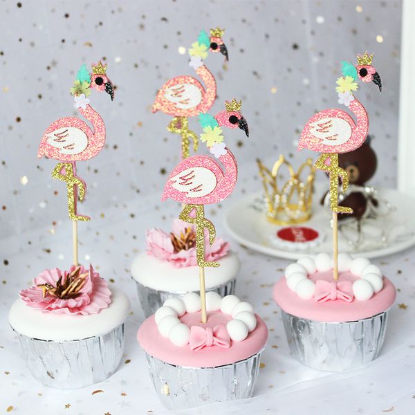 5pcs sevimli pembe flamingo parıltı yıldız cupcake topper fırıncı bambu tabelası düğün doğum günü partisi bebek duş iyilik malzemeleri, q