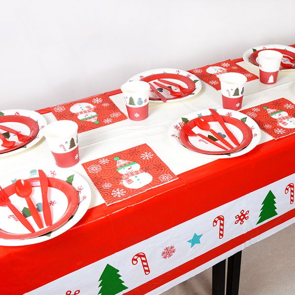 Weihnachtsfeier Einweggeschirr Xmas Treman Snowman Druck rote weiße Papierplatten Tassen Servietten PVC Tischdecke Kunststoff Besteck