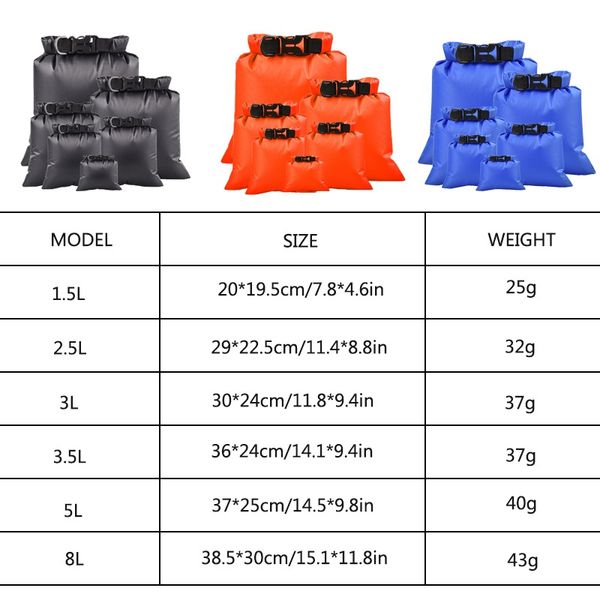 1.5/2.5/3/3,5/5/8l 6pcsoutdoor Sacos de sacos seco à prova d'água à prova d'água