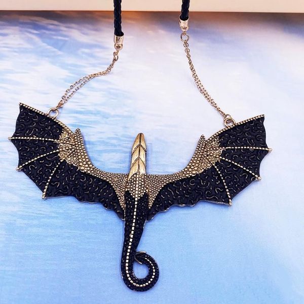 Anhänger Halsketten Punk Retro Gothic Jewelry Antike Schwarze Gold Drache Halskette Vintage Pterosaur