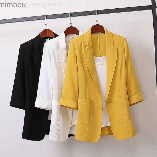 Ternos femininos Blazers Moda de moda feminina cor sólida cor de algodão preto amarelo LOUCE LOUTA DIREITO NOVAS JACETAS DE VERMAGEM SUMPERMENTE 2023 OL FEML SUMPLO C240410