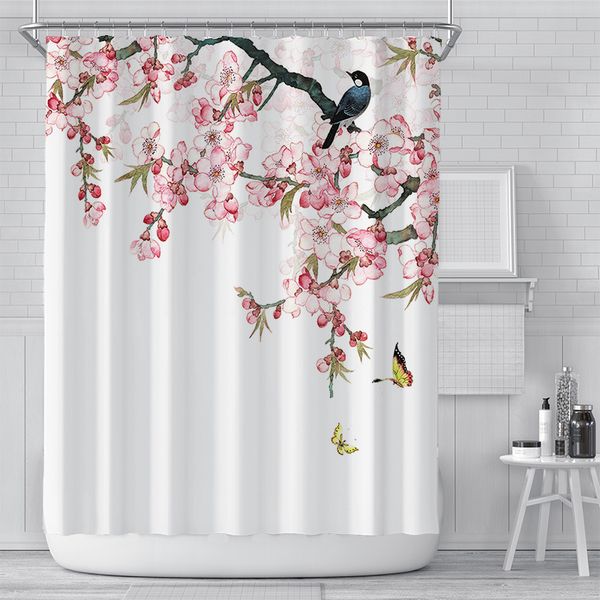 Rosa Blumen Duschvorhang Liner Asian japanischer Stil Blume Kirschblüten Duschvorhang wasserdichte 3D -Druckbad Vorhang
