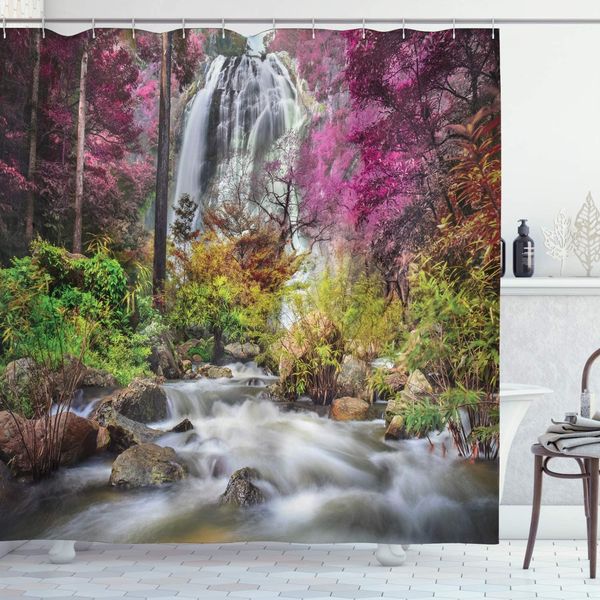 Водопадные занавески Таиланда лесные деревья Природная ландшафтная печать ткани ткань декор ванной комнаты с крючками