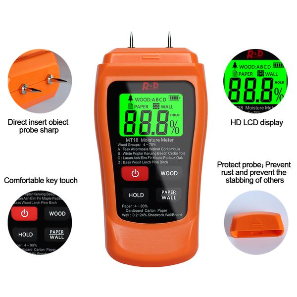 Novo MT-18 laranja 0-99,9% Dois pinos Digital Wood Meder Medidor de umidade Testador de umidade Hygrômetro de parede Detector úmido de madeira