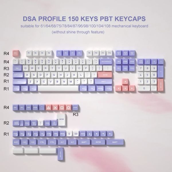 Accessori 150 Chiave White Purple PBT KeyCaps DSA Profilo DoubleShot Customs Cap fai -da -te per la tastiera di gioco di ciliegia MX