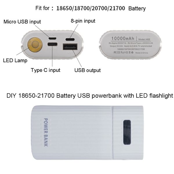 Ingresso 3-Porte Casotto del kit per banchi di alimentazione USB fai-da-te 18650 20700 21700 Caricatore batteria con torcia LED per tablet per cellulare