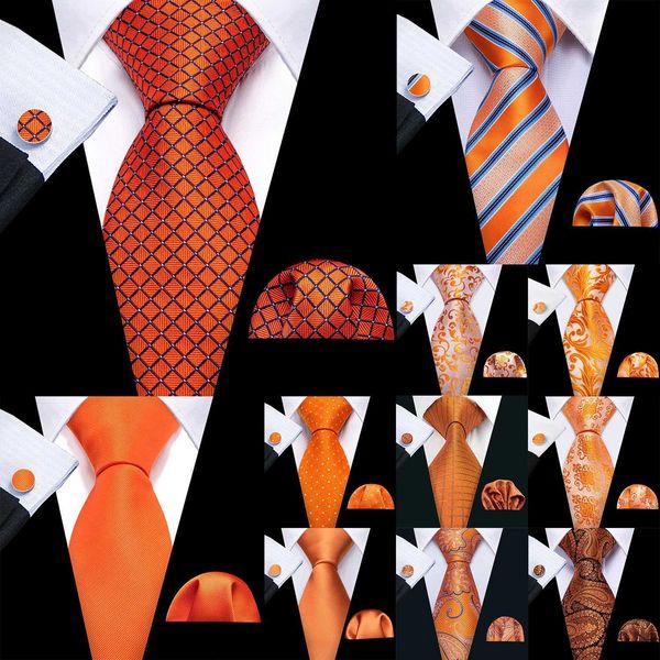 Шея связывает Барри.Wang Orange Silk Mens Tie Tie Hanky Musflinks Set jacquard Pink Purple Salmon Gold Collece Mens Wedding Business Party Giftc240410