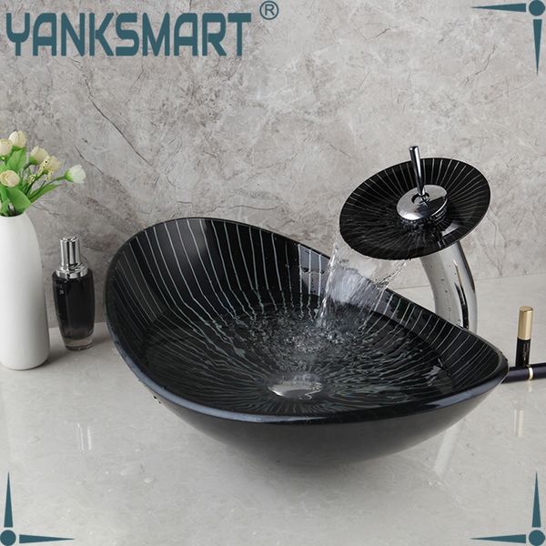 Yanksmart Bad Waschbecken Set 4 Formen Glas Hand bemalte Waschbecken Eins Loch Deck Berg Wasserfall Wasserhahn kaltem Heißmischer Hahn