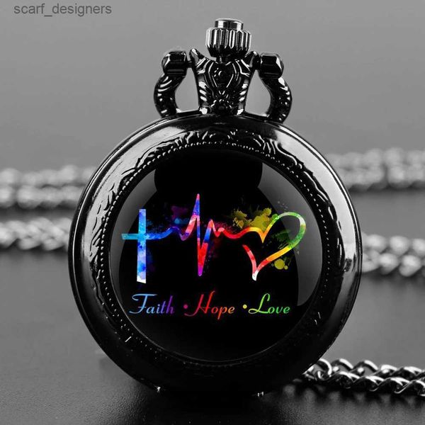 Pocket Watches Faith Hope Love Design Glass Dome Vintage Quarz Pocket Männer Frauen Anhänger Halskette Kette Charmuhr Schmuck Geschenke Y240410