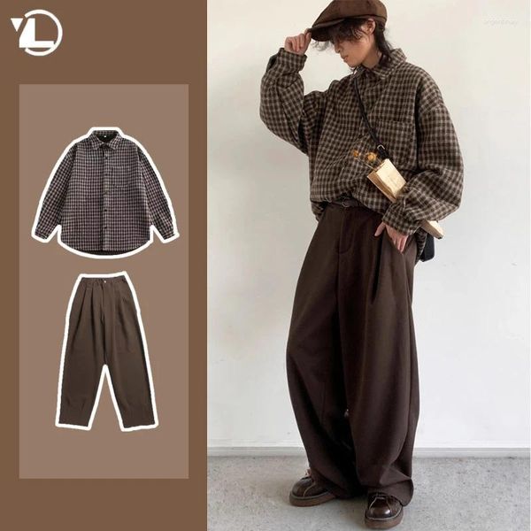 Erkek Trailsits 2024 Japon Harajuku Mens Set Damalı Cepler Moda Gömlek Modaya Düz Düz Bacak Pantolon 2-Pcs Bahar Koleji Günlük