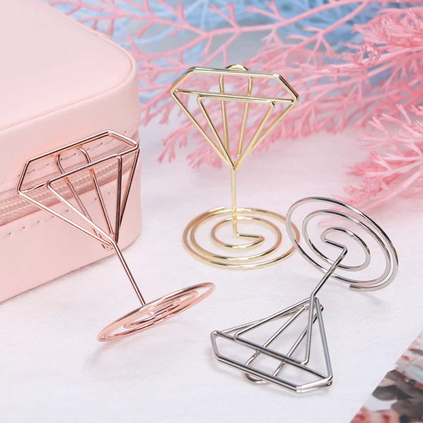 1pc Mini Metall Romantic Heart Diamond Photo Clip Place Kartenhalter Tisch Nummer Stand Sitzmarker Hochzeitsfeier Desktop Dekor