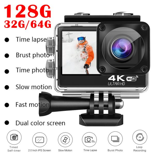 Câmera Câmera de Ação Wi -Fi de 16MP 4K/60FPS Câmera de vídeo digital Dual IPS Toque na câmera de gravação de vídeo à prova d'água subaquática