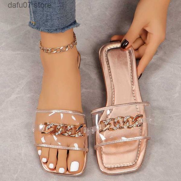 Slippers Water Diamond Chain Transparent One Word Slippers for Women 2024 Edição New Edition Verão Versátil Bottom Bottom Cabeça Mulher Sandal H240410