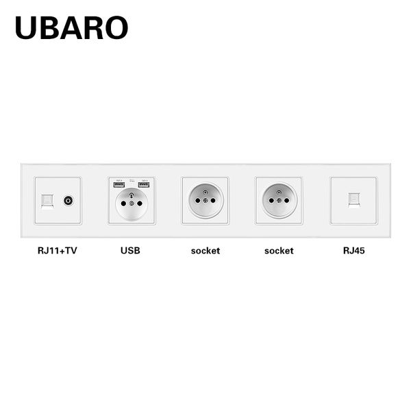 Ubaro French Standard Tempered Glass Wall Socket mit RJ45 RJ11 TV-Signalanschlüssen USB 5V 2A Stecker Home Outlet AC110-250V 16A