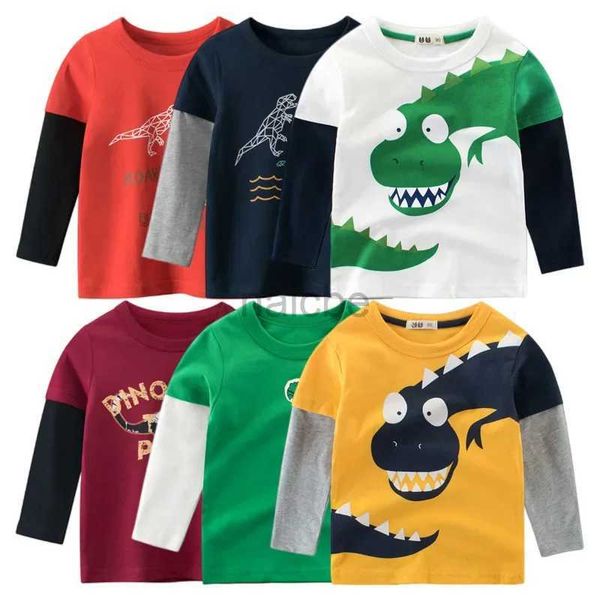 T-Shirts 2024 Çocuk Kıyafetleri Sonbahar Yeni Erkekler T-Shirt Toptan Karikatür Dinozor Çocuklar Tees Tees Uzun Kollu Alt Gömlek Çocuk için 240410