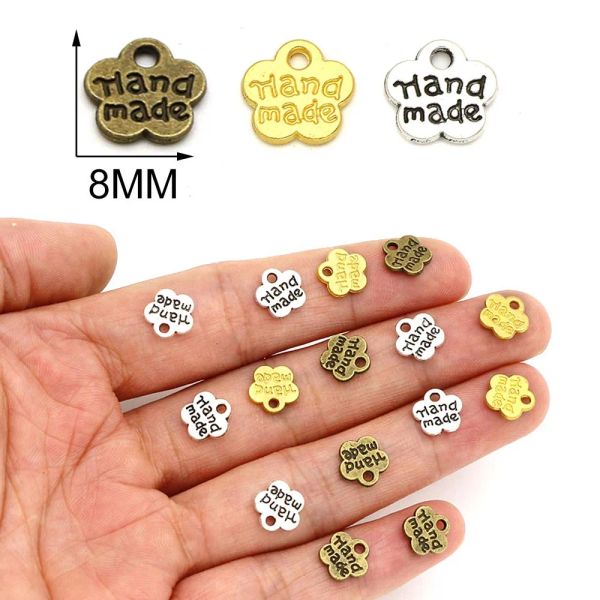 50pcs Flum Flowers Rótulos de metal para jóias Silver Bronze Rótulos artesanais 8*8mm Made Tags para chapéu/bolsa Acessórios para roupas