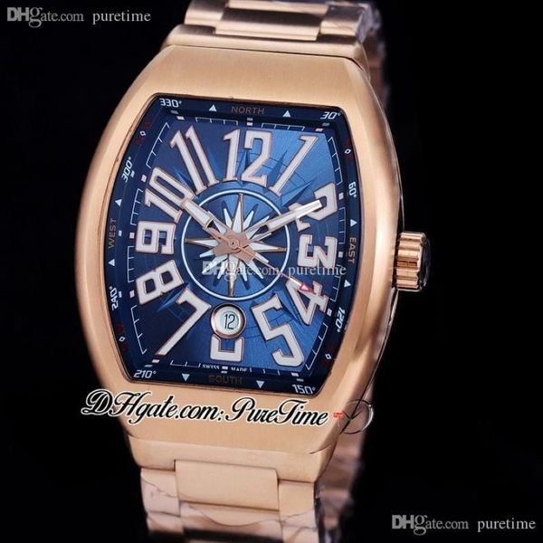 Vanguard Classic V45 A21J Automático Assista Automático de Gold Rose Blue Interior Dial Branco Big Number Markers Sankes de aço inoxidável Relógios307D