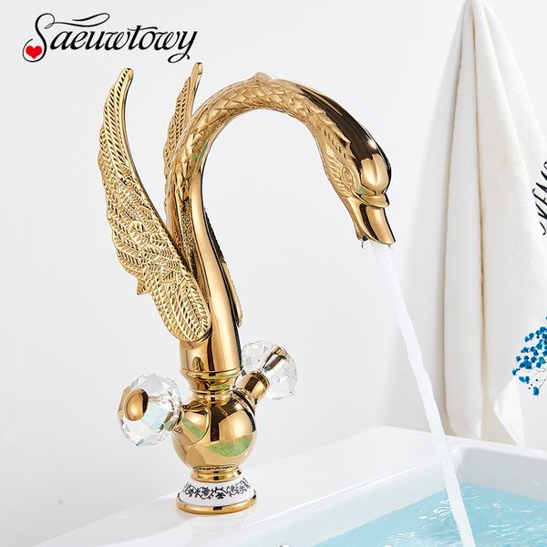 Goldener Luxus -Schwan -Becken -Wasserhahn Deck montiertes Badezimmer Wasserhahn Heiße und kaltes Kranmixer Tap Badewasser Wasserhahn Becken Waschbecken Zapfen