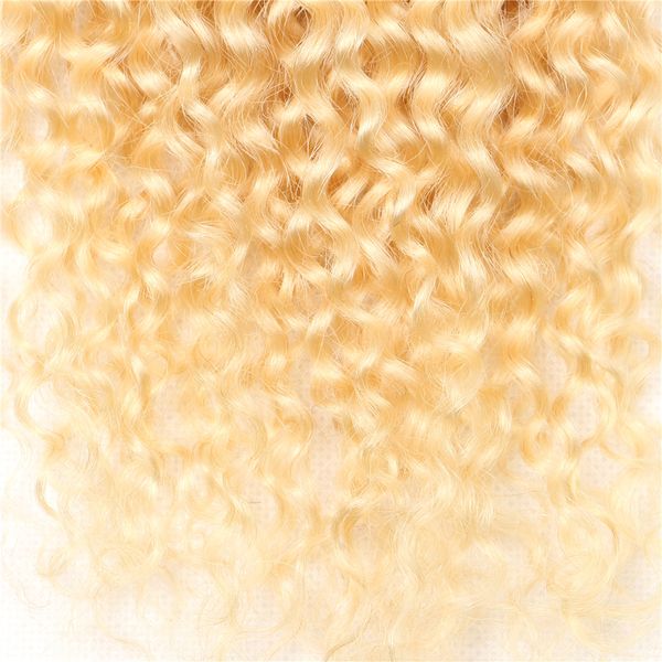 613 Honigblonde Kinky Curly 4x4 Spitzenverschluss kostenlos Teil transparenter Spitze 100% menschliches Haar vorgezogen mit Babyhaaren 10-20 Zoll