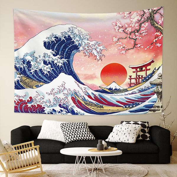 The Great Wave Japanese Ocean Wave Parede Decorações penduradas Cherry Blossom Tree Sunset Penário Kanagawa tapeçaria para decoração