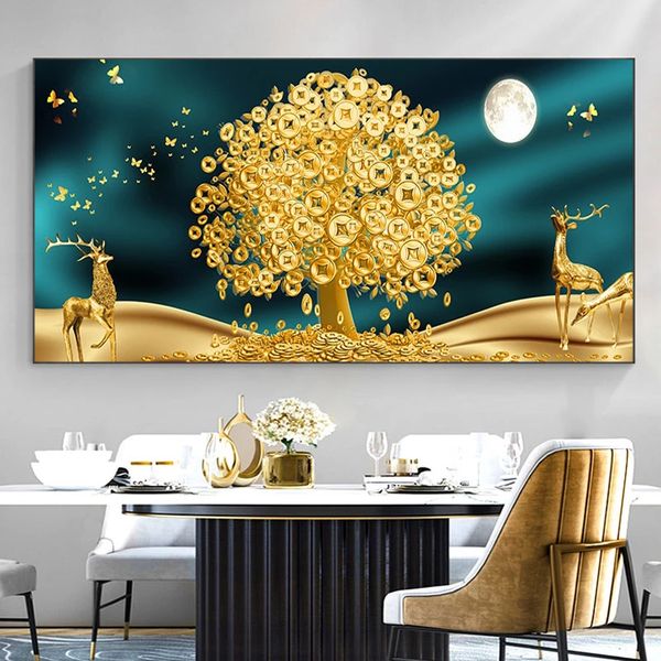 Роскошные счастливые золотые монеты листья дерева холст печать стены арт растения картины олень золотое дерево плакат картинка гостиная декор