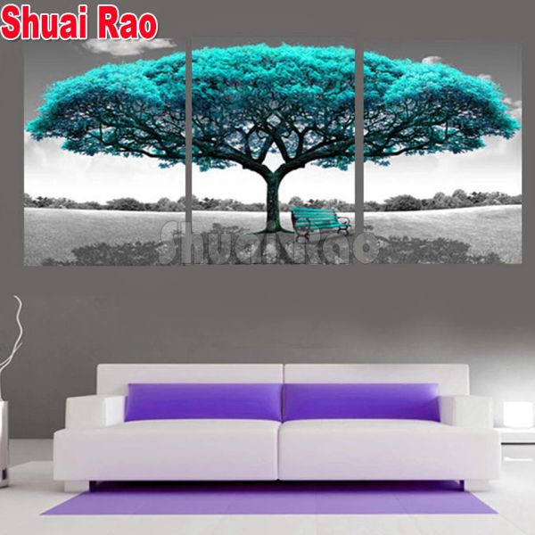 3 peças azuis Big Tree Tree Diamond Painting Triptych Diamond Borderyer Mosaic Set Pictures Fotos Full Square/Round Drill,