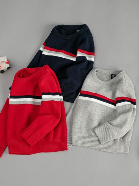 0-6 Jahre dunkelblaue Jungen Pullover Unisex Red Striped Spring Strickpullover für Mädchen 1 2 3 4 5 6 Jahre alte Kinder Kleidung 225446