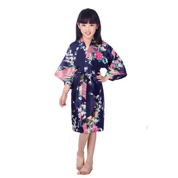 Großhandel Kinder Satin Kimono Roben für Mädchen Kinder Blumen Nachtwäsche Pfauenblumenrobe für Spa Hochzeits Geburtstag Nachthemd