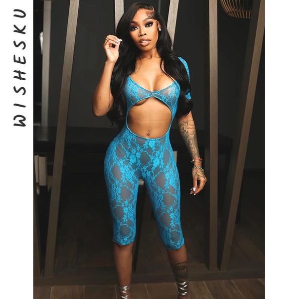 Malha sexy veja através de roupas de macacões cortadas Mulheres de manga curta Leggings de uma peça Rompers Spring Summer Summer Roupas elegantes 240402