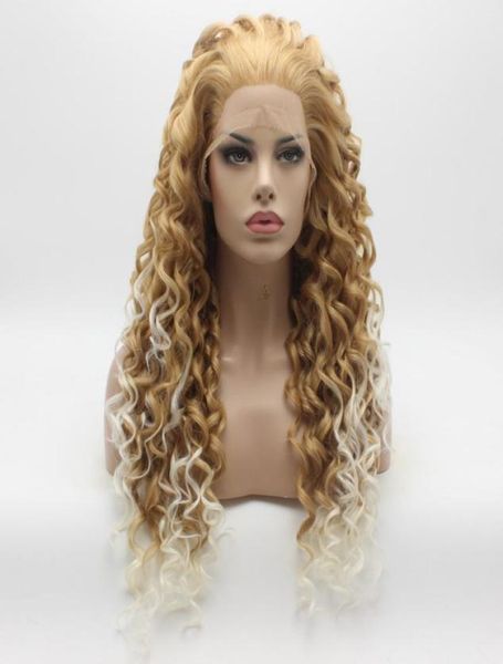 Cabelo iwona Curly Long Honey Blonde Raiz Branca ombre Wig 1827HR1001 Meia mão Aplicando o calor LACE SINTÉTICA WIGS2739714