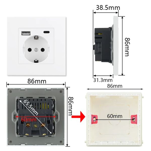 Società di alimentazione UE di tipo C con uscita elettrica USB con presa a parete 16A USB C.