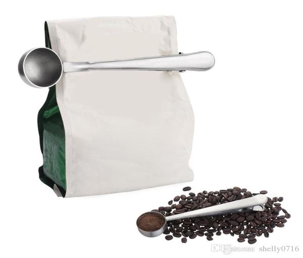 Café de café em aço inoxidável Medição de colher com clipe de vedação de bolsa Prata Multifuncional geléia de sorvete de sorvete Scoop colher cozinha acessório1541101