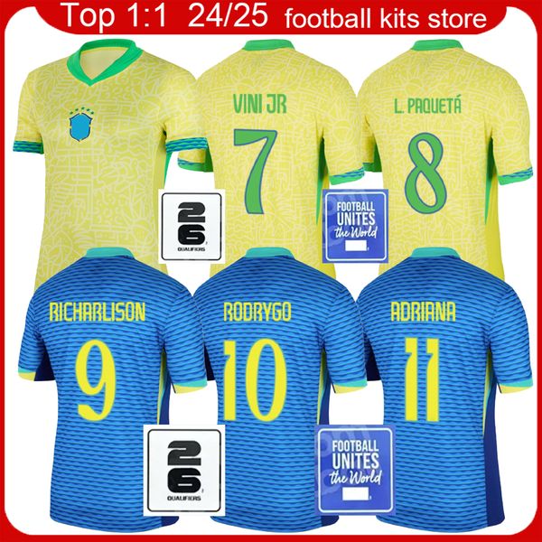 Brasil Home fora os fãs de fãs de fãs de futebol 2024 Brasil Men Player versão Jersey de futebol 24 25 Vini Jr L. Paqueta Richarlison Camisa de futebol Maillot Camiseta Maglia